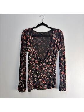 Lucky Brand Floral V Neck Wrap Top Bell Sleeve Size S Boho